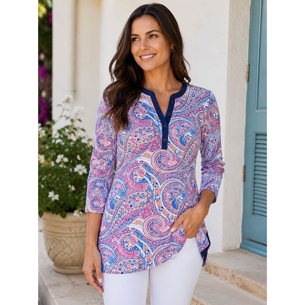 J. McLaughlin Biscayne Tunic Catalina Cloth Blue Paisley Print Top Size M